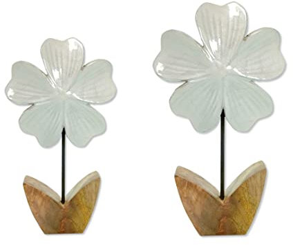 Holz Figur Blume glasiert Dekofigur Tisch-Deko Holzblume Skulptur weiß 2er Set - 21 und 26cm