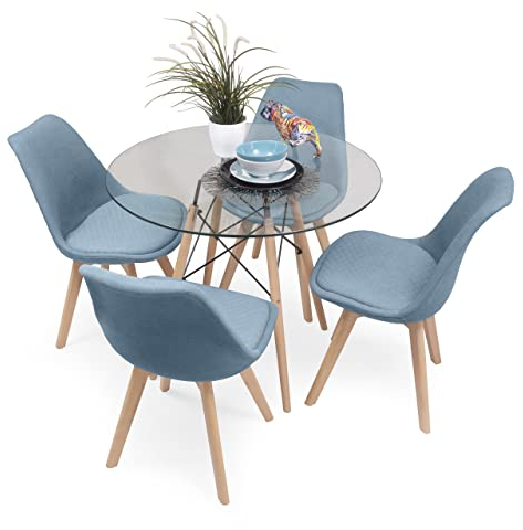 Homely - Conjunto de Comedor Tower Day Tela Mesa Redonda de Cristal de 90 cm y 4 sillas de diseño nórdico tapizadas (Azul)