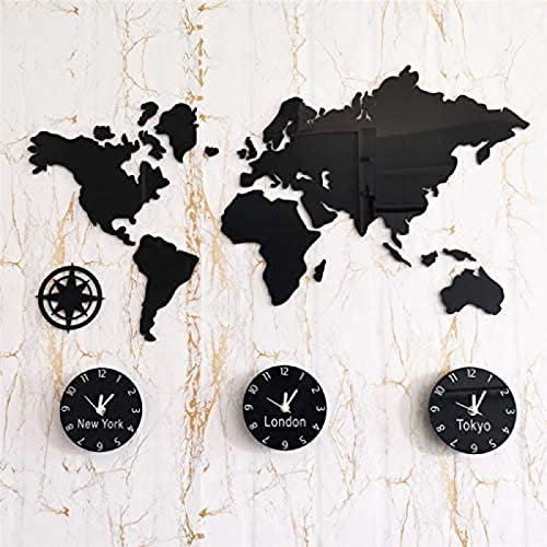 Orologio Creativo Multi-fuso Orario Fai-da-te, Grande Orologio Da Parete Con Mappa Del Mondo 3D, Orologio Da Parete Nero Per L'home Office, Decorazione Murale Minimalista Nordica 31,4x22 Pollici