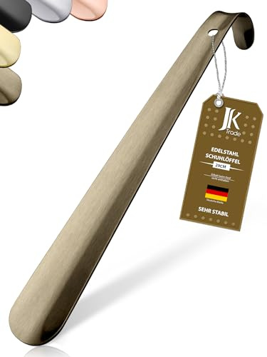 JK Trade® 29 cm stabil skohorn i rostfritt stål | skohorn i rostfritt stål för att sitta på | snabb och skonsam mot rygg | optimerad längd och bredd | skohorn | business | modern hängande