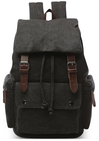DORRISO Elegant Canvas Rucksack Herren Retro Tagesrucksack für 15.6 Zoll Laptop Große Kapazität Schulrucksack Reisen Lässig Camping Arbeit Wandern Leinwand Herren Backpack Schwarz