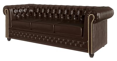 S-Style Möbel George Sofa 3-Sitzer Chesterfield-Sofa Mit Schlaffunktion für Wohnzimmer Lounge Couch Aus Veganem Leder Möbel Freistehende Polster Sofas & Couches Couchgarnitur Braun 203 x 86 x 72 cm