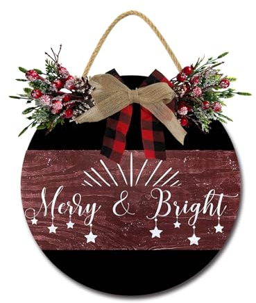 Merry & Bright Haustürschild, lustige Kränze zum Aufhängen, Holzschild, Dekoration, rund, rustikal, Holz, Bauernhaus, Veranda, Dekor für Zuhause, Haustür, 30,5 x 30,5 cm