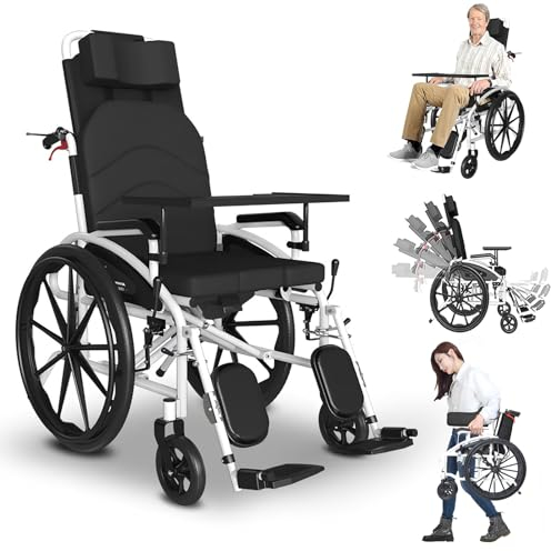 Bueuwe rollstuhl faltbar leicht, rollator, Pflegerollstuhl mit Liegefunktion, neigbar, Höhe und Tiefe einstellbar, Reiserollstuhl, rollator schmal für wohnung