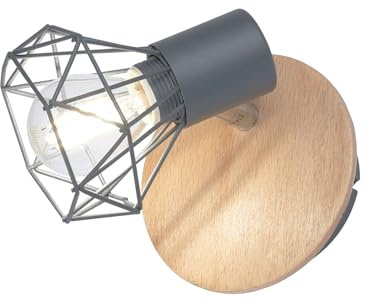 Wandstrahler Grau / Holz mit Schalter, Gitterlampe schwenkbar, Breite 11cm