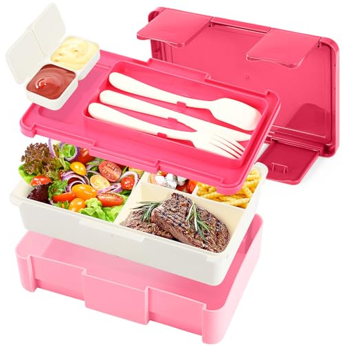 AECIASO Lunch Box, 1400ml Bento Box con 4 Scomparti, Porta Pranzo con Posate e Scatola per Salse, Sicuri per Microonde Lavastoviglie