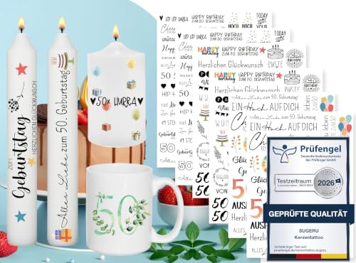 Sugeru 6 PCS Kerzentattoo (200+ Muster),Wassertransferdruck |wasserschiebefolie kerzen | Kerzenfolie | kerzenaufkleber sticker | Kerzen dekorieren (Zum 50. Geburtstag)