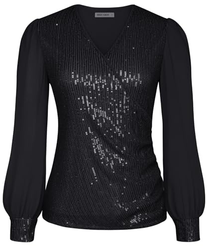 GRACE KARIN Damen Schwarze Elegante Bluse Glitzer Festliche Top Langarm Disco Party Outfit V-Ausschnitt Sexy Glitzer Abschlussball Oberteile Schwarz M