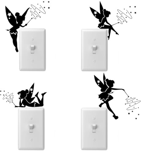 4Pcs Tinkerbell Lightswitch Vinyl Decal Sticker, Fairy Sticker for Light Switch, Outlets or Any Ledge, Removable Cute DIY Stickers for Wall Laptop Computer Vehicle Bedrooms Nursery (Black)