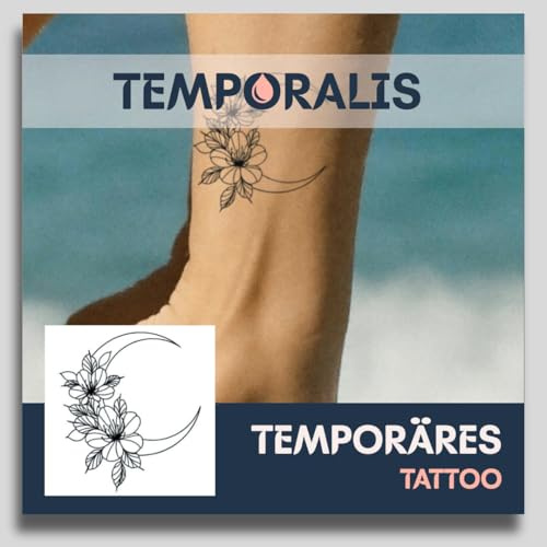 Fake Tattoo Mond & Blumen – Temporalis® | Temporäre Tattoos für Erwachsene – EU-zertifizierte Kosmetik, vegan & wasserfest – Hält 1 bis 2 Wochen [ Mond und Kirschblüten ]