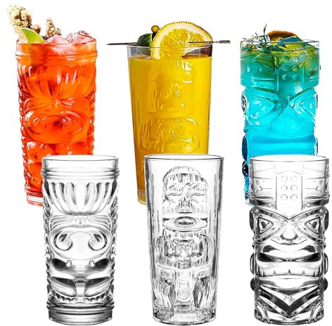 Binsakao Tiki Lot de 6 verres highball de 414 ml pour cocktails, verres tropicaux transparents modernes – Verres mixtes pour bar hawaïen, fête, thé glacé