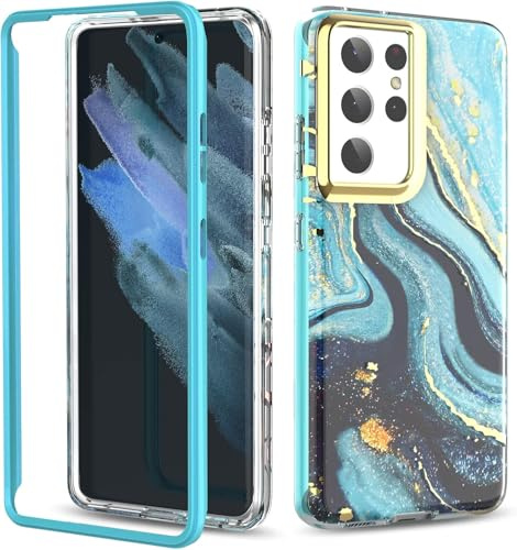 SHEDEER für Samsung S21 Ultra Hülle mit Stoßfänger [OHNE Schutzfolie], Samsung Galaxy S21 Ultra Hülle TPU Stoßfest Kratzfest, Glänzend Fade-Resistant Muster Handyhülle S21 Ultra, Blau