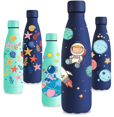 Vikastar Trinkflasche Edelstahl, 500ml, BPA-Frei Trinkflasche, 3D-Gedruckte Thermosflasche, Auslaufsicher Wasserflasche für Schule, Fahrrad, Camping, Fitness, Dunkelblauer Astronaut