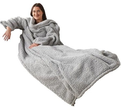 Downland Huggleland Teddy Fleece Wearable Blanket with Sleeves, Ultra Soft Warm Oversized Blanket for Sofa & Bed, Fluffy Sherpa Fleece Snuggle Throw for Adults, Cosy Sleeved Throw for Winter, Grey