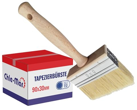 Chle-Mar Tapezierbürste 90 mm mit ergonomischer Holzgriff, Kleisterpinsel | für Tapeten & Malerarbeiten, Quast Pinsel für Lack, Beize & Farben, Widerstandsfähige Borsten für gleichmäßigen Auftrag