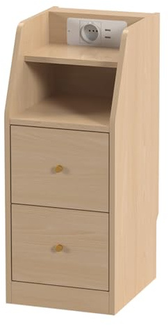 EORMM Nachttisch Mesitas de Noche Estrecha con Estación de Carga | Mueble Auxiliar Sofá 25x28.5x60cm | Blanco/Efecto Madera | Montaje Fácil Sin Taladro | 2 Cajones + Resistente 45kg