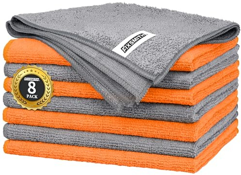 FIXSMITH Microfibre Cleaning Cloth -Pack of 8, Highly Absorbent Cleaning Rags(Grey&Orange), 16X12 All Purpose Cleaning Towels for Housekeeping, Kitchen, Car, Reusable Microfiber Towels