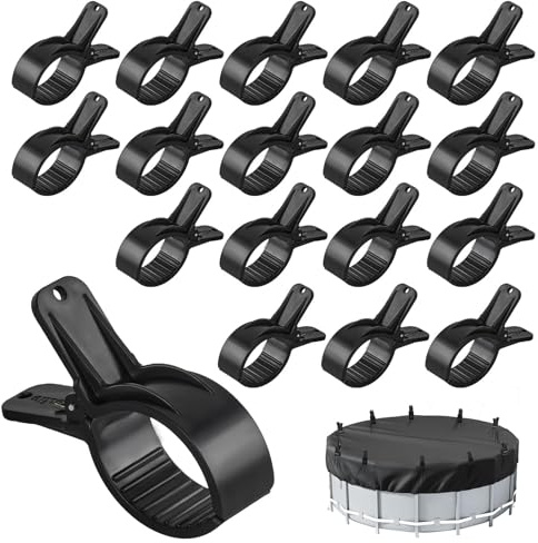 Lot de 18 serre joints pour bâche de piscine, Pinces à grande envergure, Pince à ressort forte pour couverture de piscine, accessoires de piscine, Clips pour bâche de protection (Noir, Grand x 18)