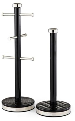 GEEPAS Argyle Mug Tree & Towel Pole Set | Rust Corrosion Free Carbon Steel Material Non-Slip Base Free Standing Design Kitchen Counter Storage Space Saver | Holds Upto 6 Mugs | Black