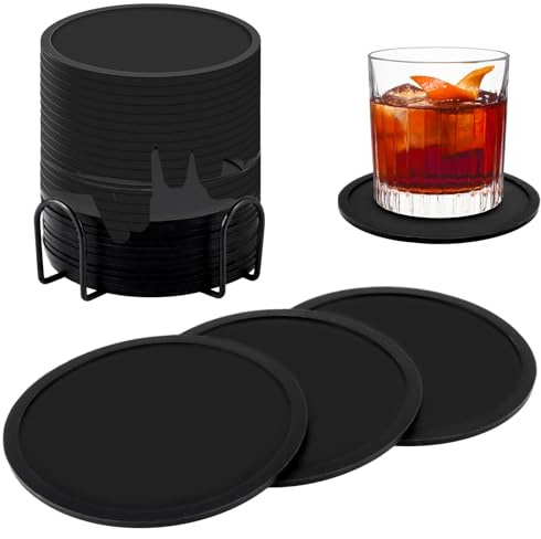 LDXDRU 36er Set Silikon Untersetzer Gläser, Runde Silikon-Untersetzern, 10cm Getränkeuntersetzer, rutschfest Untersetzer, Mit Halter, Tischuntersetzer in Schwarz für Getränke, Bar, Tassen, Glas