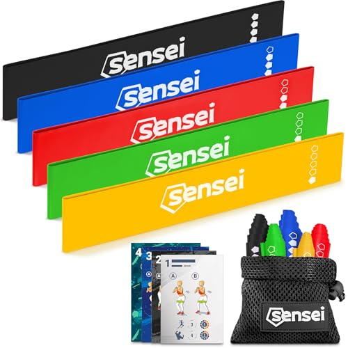 SENSEI® Elastici Fitness Set – 5 Bande di Resistenza in Lattice Naturale con Diversi Livelli per Allenamento, Fitness e Pilates – Multicolore