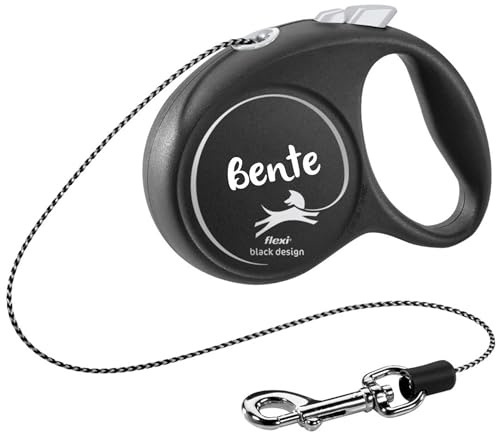 Personalisierbare Rollleine S Schwarz/Silber – 5m – Bremse & Arretierung – für Hunde bis 12 kg – mit Namen personalisiert – Petslino