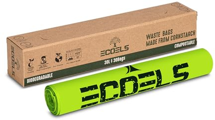 30L ECOELS Compostable Bin Liners 6L 10L 30L | Biodegradable Kitchen Caddy Food Waste Bags | 100% Home Compostable Bin sack with EN13432 Certificate | Strong & Leak-Proof Rubbish Bags | Bin Liners 30L