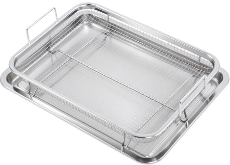 Grillkorb für den Backofen, Rechteckig Backofen-Backkorb mit Blech, Crisping-Backblech, für Gebratenes Hühnchen, Fisch, knuspriges Gemüse, 32.5x24.5x5.2CM (Silber)