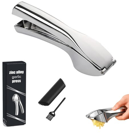 Garlic Press, Heavy Duty Zinc Alloy Garlic Crusher & Mincer with Garlic Peeler and Cleaning Brush, No Peel Garlic Press for Garlic, Ginger, Nuts & Lemon