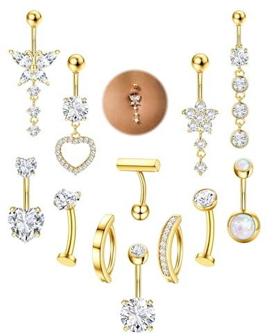 Belly Button Bars Hypoallergenic Surgical Steel Belly Bars - Stainless Steel Silver Belly Button Piercing Ring Gold Plated Dangly Belly Bar Clicker Pregnancy Navel Piercing Jewellry Golden 10MM