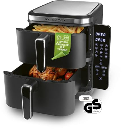 GOURMETmaxx FryUp XL vertikale Doppelkammer Heißluftfritteuse - 10 L | Airfryer mit klappbarem Touchdisplay & platzsparendem Design | Heissluftfritteuse 2 Kammern mit jeweils 5 Liter [Schwarz]