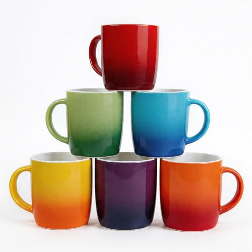 6-Piece Rainbow Mugs Set, New Bone China Coffee Mugs with Gradient Glaze,Colorful Cups for Latte, Tea, Hot Chocolate, Microwave & Dishwasher Safe, Housewarming Gift (HY0121-colored cups-6pcs-wpc)