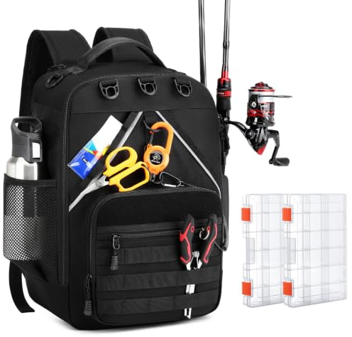 Angelrucksack mit 2 Rutenhalter & 2 Boxen wasserabweisend Angeltasche | mit Kühlfach Angelausrüstung Rucksack für Angeln Camping Wandern, Fischer Geschenk