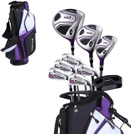Aspire XD1 Dam Dam Komplett Högerhänt Golfklubbor Set Innehåller Titanförare, S.S. Fairway, S.S. Hybrid, S.S. 6-PW järn, putter, stativväska, 3 H/C's Purple (höger hand liten – 1 tum)