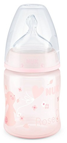 NUK Baby Rose First Choice Plus Babyflasche, kiefergerechter Trinksauger, 150 ml, 0-6 Monate, 1 Stück, rosa