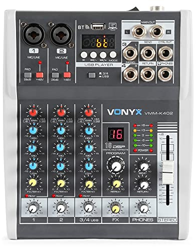 Vonyx VMM-K402 4 Channel Audio Mixer with DSP, USB Interface, Bluetooth Streaming, Phantom Power & FX for DJ, Podcast, Home Studio, PA & Live Performance