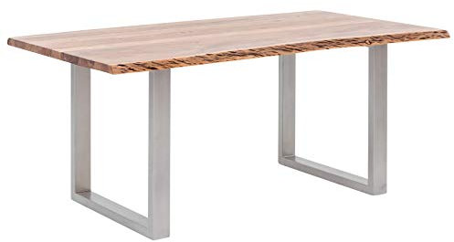 Woodkings Esstisch Bullwer Holz Akazie, Metallfuß, Baumtisch, Baumkantentisch, Echtholz modern, Design, Massivholz, Küchentisch, Esszimmermöbel, Wohnmöbel (230 x 100 cm, silberfarben)
