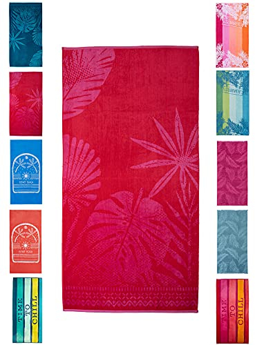 BaSaTex - Strandtuch Baumwolle in 90x180 cm - Strandlaken Badetuch aus Frottee Velours mit Aufhängeschlaufe - Saunatuch Öko-Tex Standard 100 Zertifiziert - Modell Pinke Blätter Design