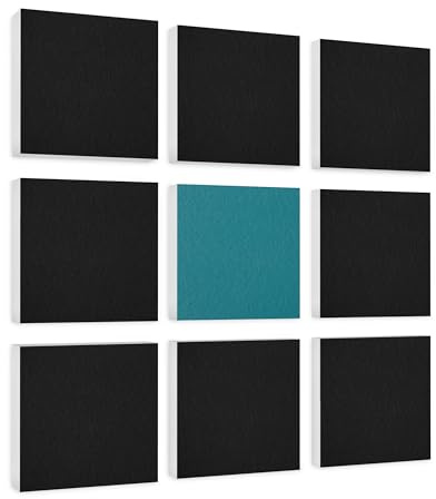 platino24 Akustikpaneele 9 Elemente Colore Quadrat 27,5 x 27,5 cm Schwarz + Petrol I Schallabsorber aus Basotect G+ mit Akustikfilz I Schalldämmung Wand & Decke I Akustikelemente Wandpaneel