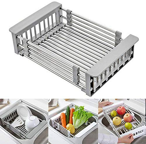 CARNAVAL Stainless Steel Kitchen Drying Rack, Retractable Drain Basket with Adjustable Armrest, Over The Sink Dish Drying Rack