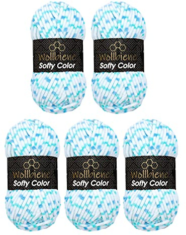 Wollbiene Softy Color 5 x 100 Gramm Chenillewolle Strickwolle, Babywolle, 500 Gramm Wolle Super Bulky (weiß-blau-türkis 110)