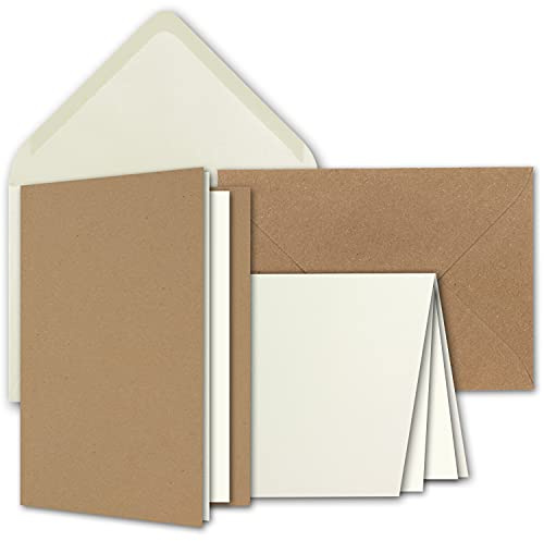 NEUSER PAPIER Kartenpaket DIN A6 + C6 in Naturweiß und Kraftpapier Braun - 30 Doppelkarten und 30 Briefumschläge - Mit 50 Einlege-Faltblättern - Kartenset mit Umschlägen inklusive Geschenkschachtel