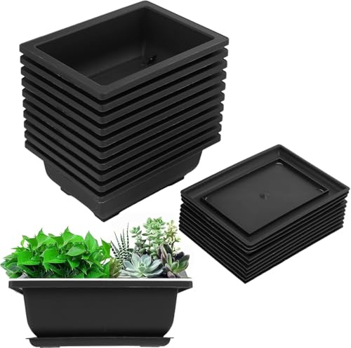Onmancy 10 Packungen Bonsai Trainings Töpfe mit Tablett Kunststoff Bonsai Pflanzen Topf für Garten Wohnen Balkon 16,5X12Cm