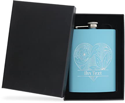 Edelstahl Flachmann Blau mit personalisierter Gravur – Motiv Herz – Geschenkverpackung – Taschenflasche mit Wunschgravur – Geschenkidee zum Valentinstag, für Trauzeugen und Skifahrer – STEMPEL-FABRIK