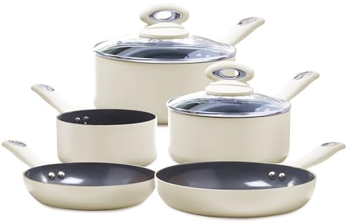 Cermalon Matt Cream 5-Piece Ceramic Cookware Set - Includes 2X Frying Pans and 3X Saucepans with Grey Sparkle Ceramic Non-Stick Coating - Compatible for All Types of Hobs - PTFE and PFOA Free