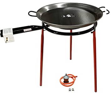 FERRETERIA LEPANTO Kit Paellero, Quemador a Gas butano, paellera acero pulido, regulador de Gas + 1,5 metros de Manguera, soporte de 3 Patas reforzadas (65)