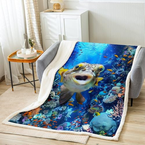 Castle Fairy Puffer Fish Überwurfdecke, Korallenfisch-Bettdecke für Kinder, Teenager, Jungen, Mädchen, niedliche Unterwasserleben, Fleecedecke, blaue Aquarelltiere, Pflanzen, flauschige Decke für