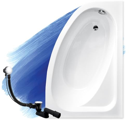 BADLAND Badewanne Original Weiß Acryl Wanne Eckbadewanne CORNEA 150x100 Rechts KOMPLETTSET SET + Füßen und Exklusive Chrom Automatik Ablaufgarnitur Made in EU 3in1