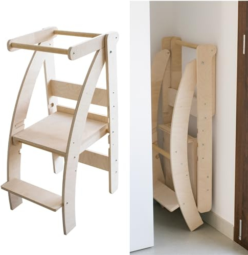 Pekiedo SWEETME Learning Tower Richiudibile in Legno, Torretta Montessoriana per Bambini, 3 Livelli di Altezza, Sgabello Comodo per Genitori