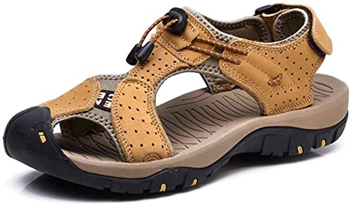 Mens Outdoor Hiking Läder Sandaler Vatten Skor Slides Closed Toe Sport Sandaler Walking Fiskare Klättring Sommar Brun 41/42 EU